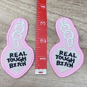 RTB Real Tough Babe Chain Heart Patches Biker Babe Coat Iron On Bling PINK